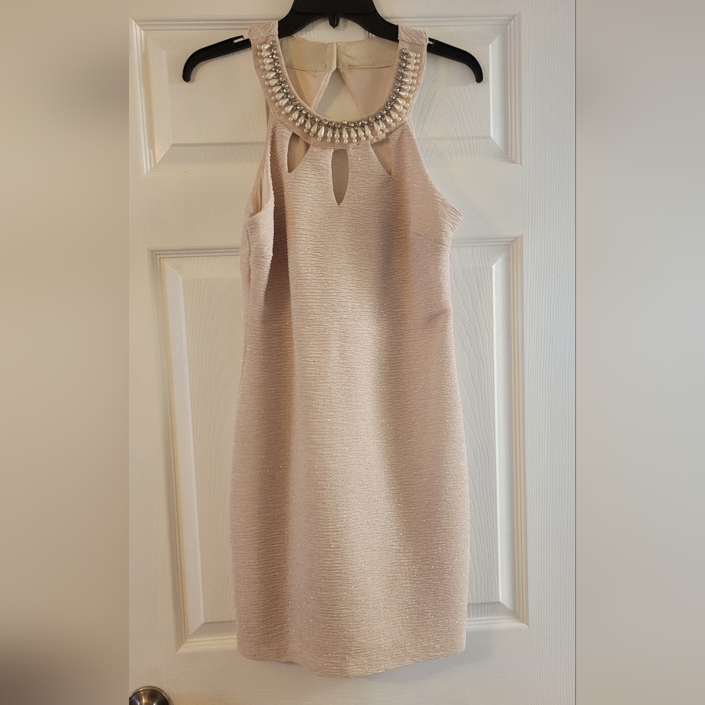 Teeze Me Cream Mini Dress with Pearl Neckline